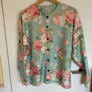 Floral Crewneck Cardigan Sweater in Mint and Pink